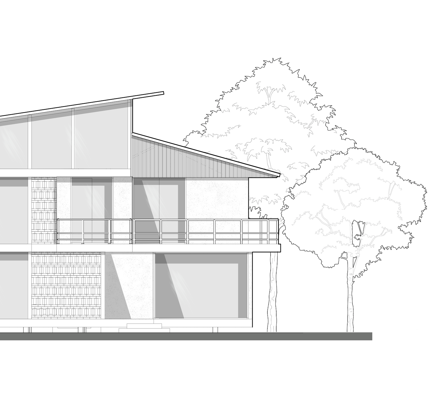 Line drawing of a modern two-story house with large windows, a balcony with a railing, and a sloped roof. There are two trees with detailed foliage on the right side of the house.