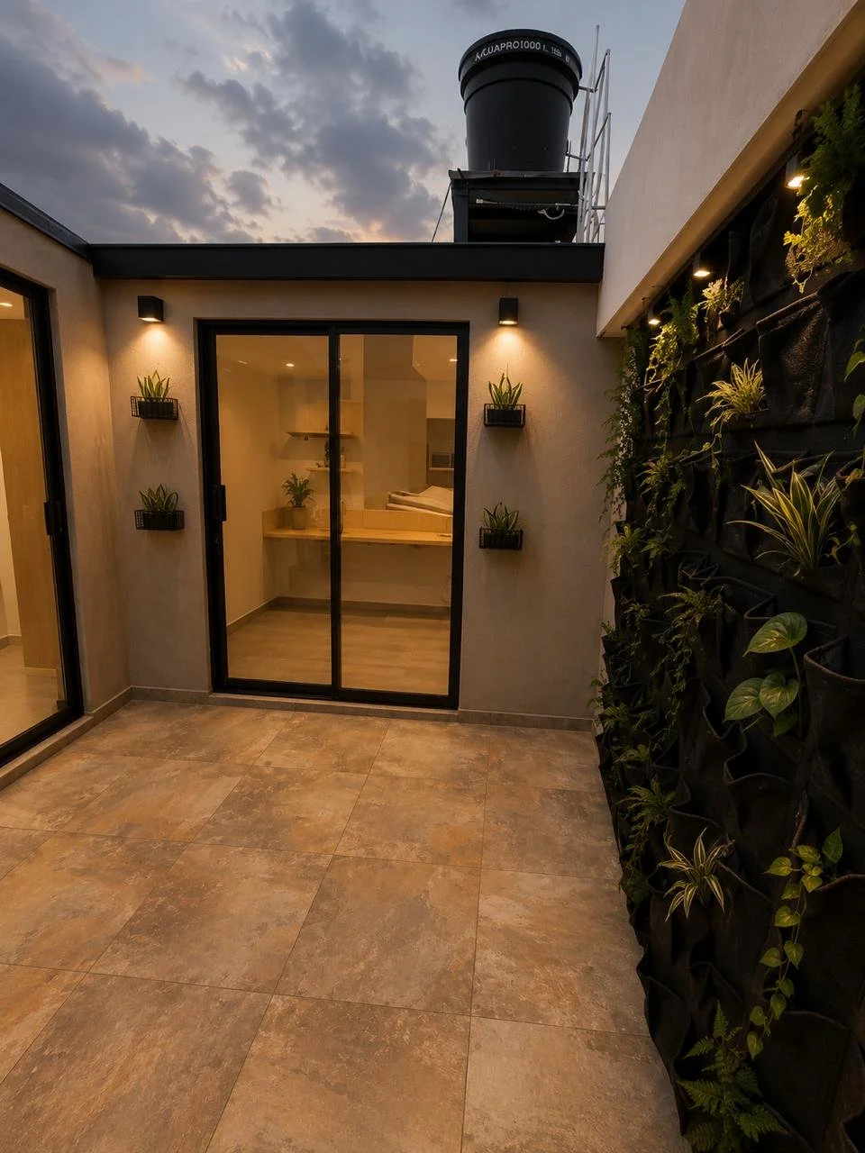 A modern patio with brown tile flooring, black-framed sliding glass doors, small wall-mounted planters with green plants, and a vertical garden on the right side. The patio is lit with small wall-mounted lights, and an overcast sky is visible overhead.