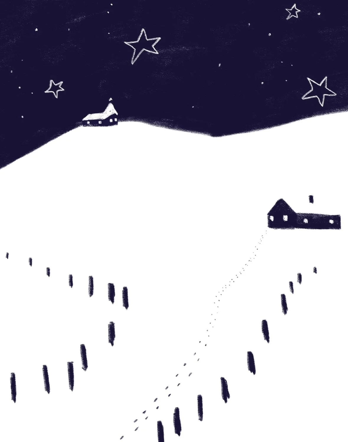 A minimalist, monochrome illustration of a snow-covered landscape with a dark, starry night sky, featuring two houses, one on a hilltop and another on a slope, connected by dotted paths, with stars in the sky.