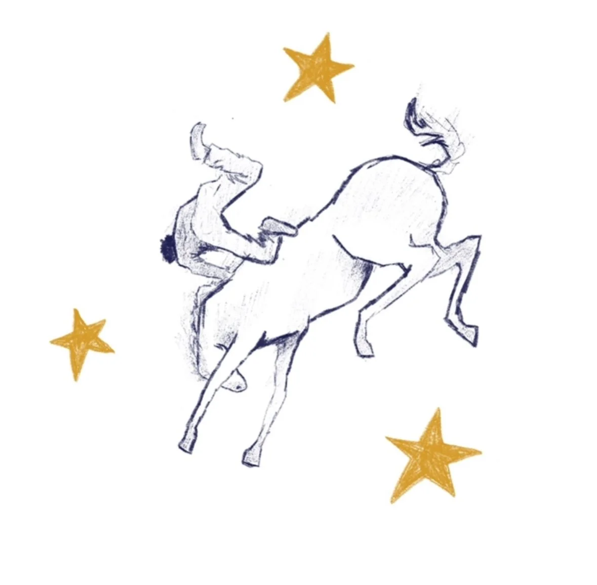 Sketch of a person falling off a horse with four gold stars around them.