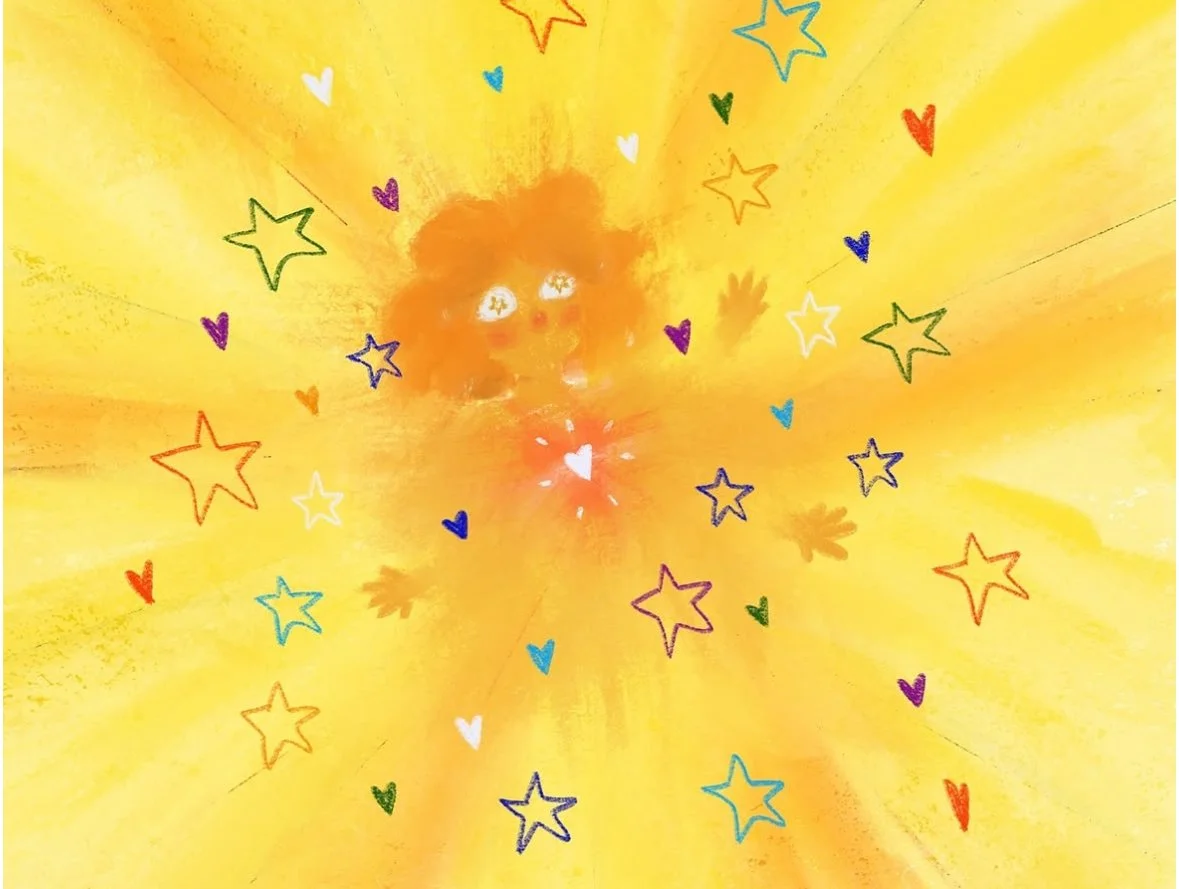 Colorful drawing with a central character with orange hair, surrounded by stars and hearts on a yellow background.