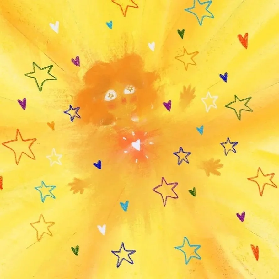 An abstract, colorful drawing with a yellow background, a smiling face with orange hair in the center, surrounded by stars and hearts in various colors, creating a cheerful and whimsical scene.