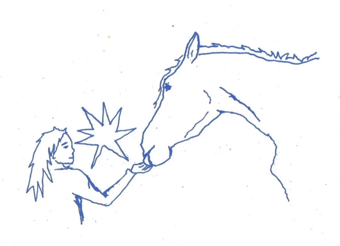 A sketch of a girl with long hair offering her hand to a horse, with a starburst symbol near their hands.