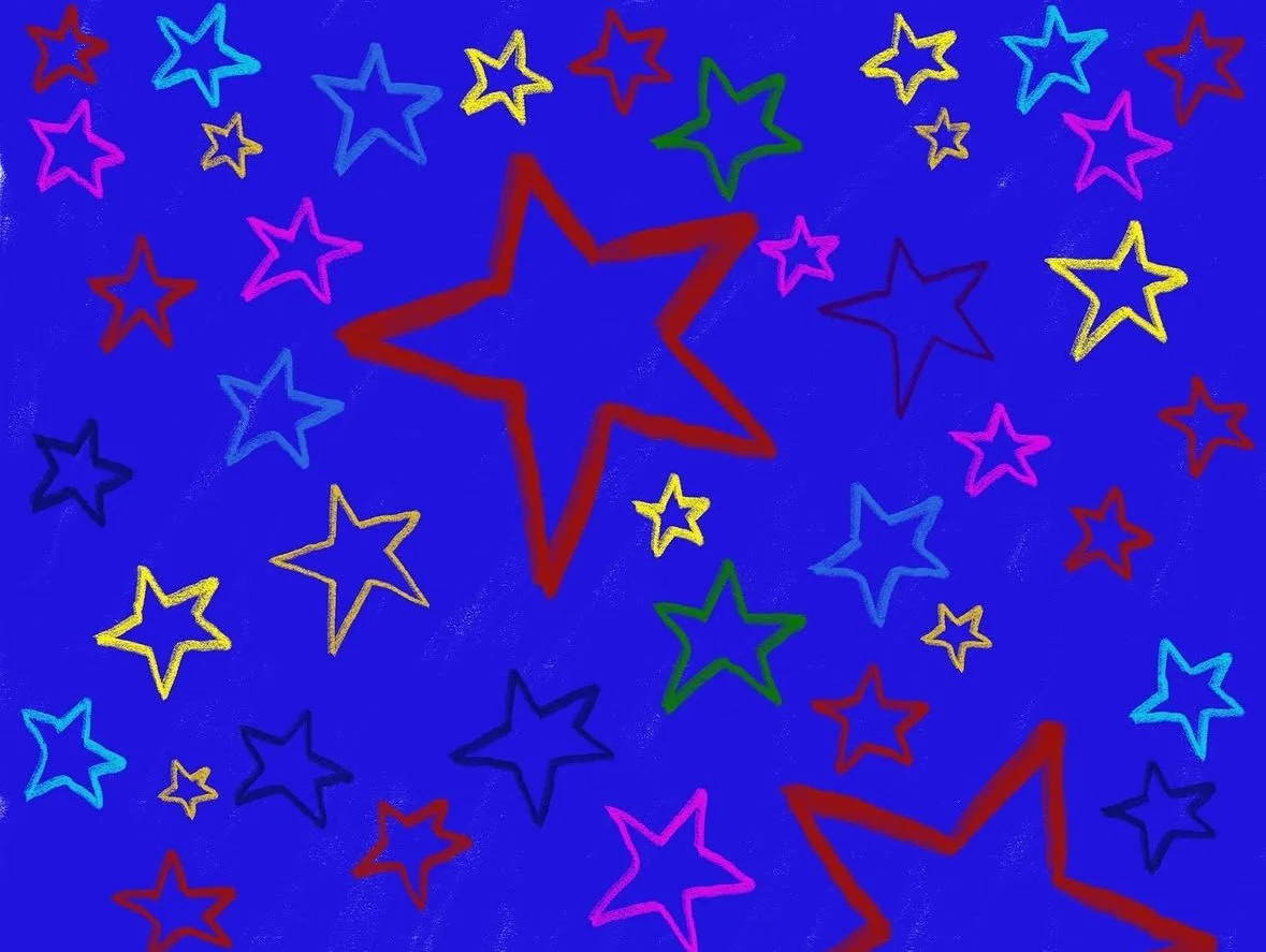 Multiple colorful stars of various sizes on a blue background with a crayon-like texture.