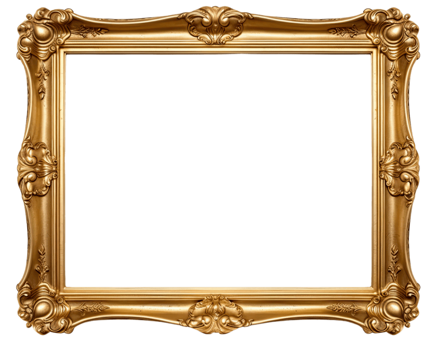 Empty ornate gold picture frame with intricate floral and scroll designs.