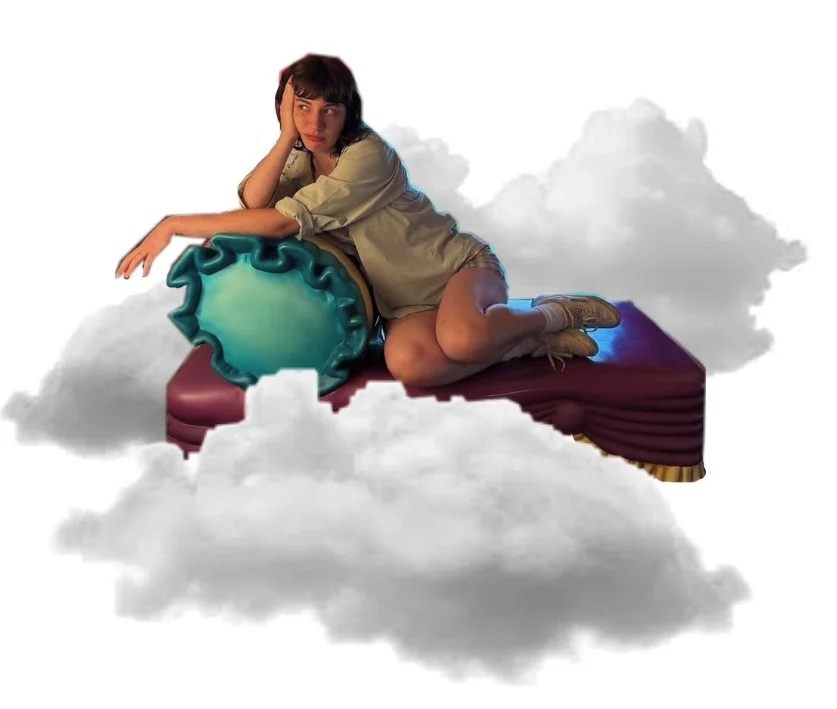 A woman sitting on a purple cushion in the clouds, resting her chin on her hand, with a large, plastic bed underneath her.