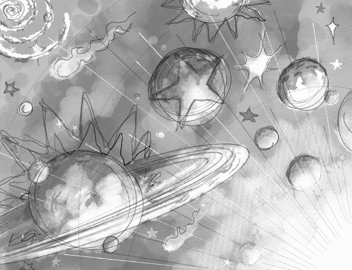A humorous black-and-white drawing of the solar system with cartoonish planets, stars, and cosmic elements with exaggerated features and playful details.