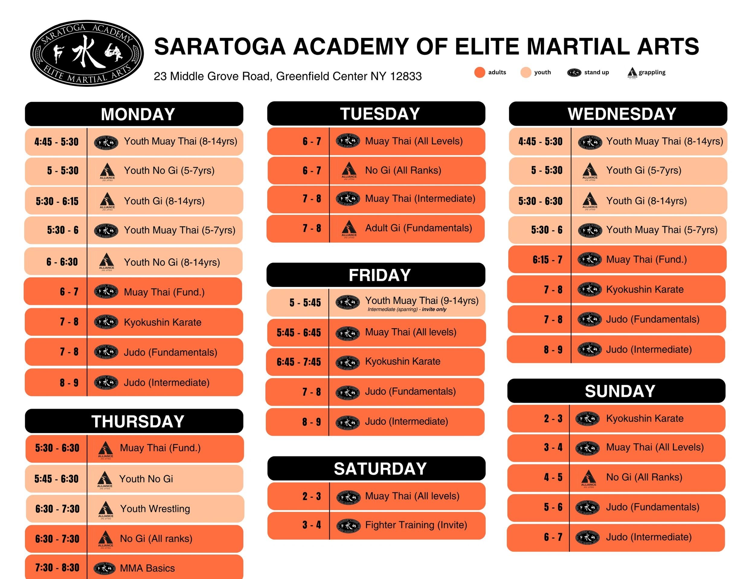 A schedule chart for the Saratoga Academy of Elite Martial Arts showing class times for different martial arts and age groups throughout the week, with color-coded categories for adults, youth, stand-up and grappling classes.