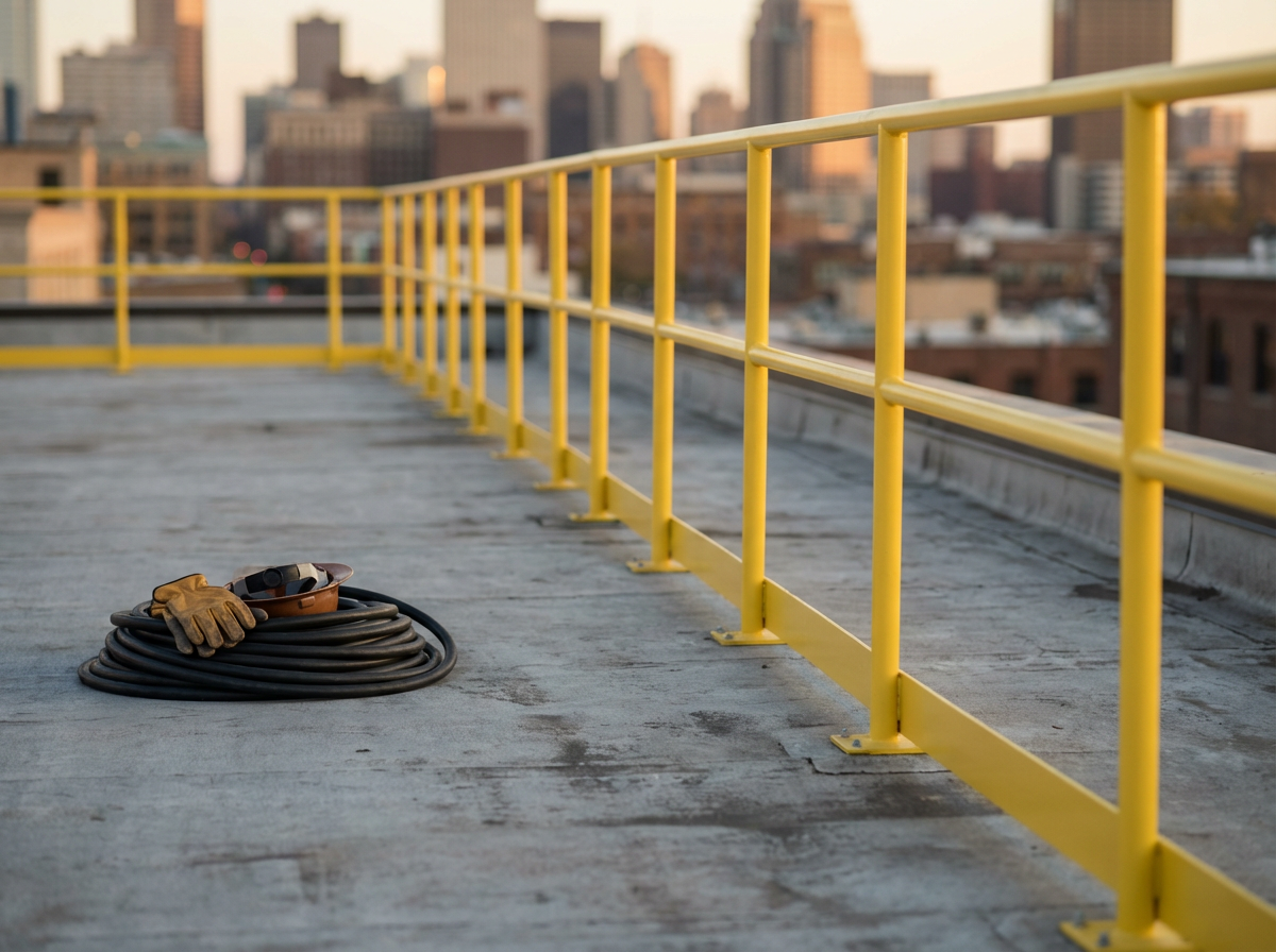 Coiled black cable, gloves, goggles, and a belt are arranged on a rooftop with a yellow safety railing, overlooking a city skyline at sunset.