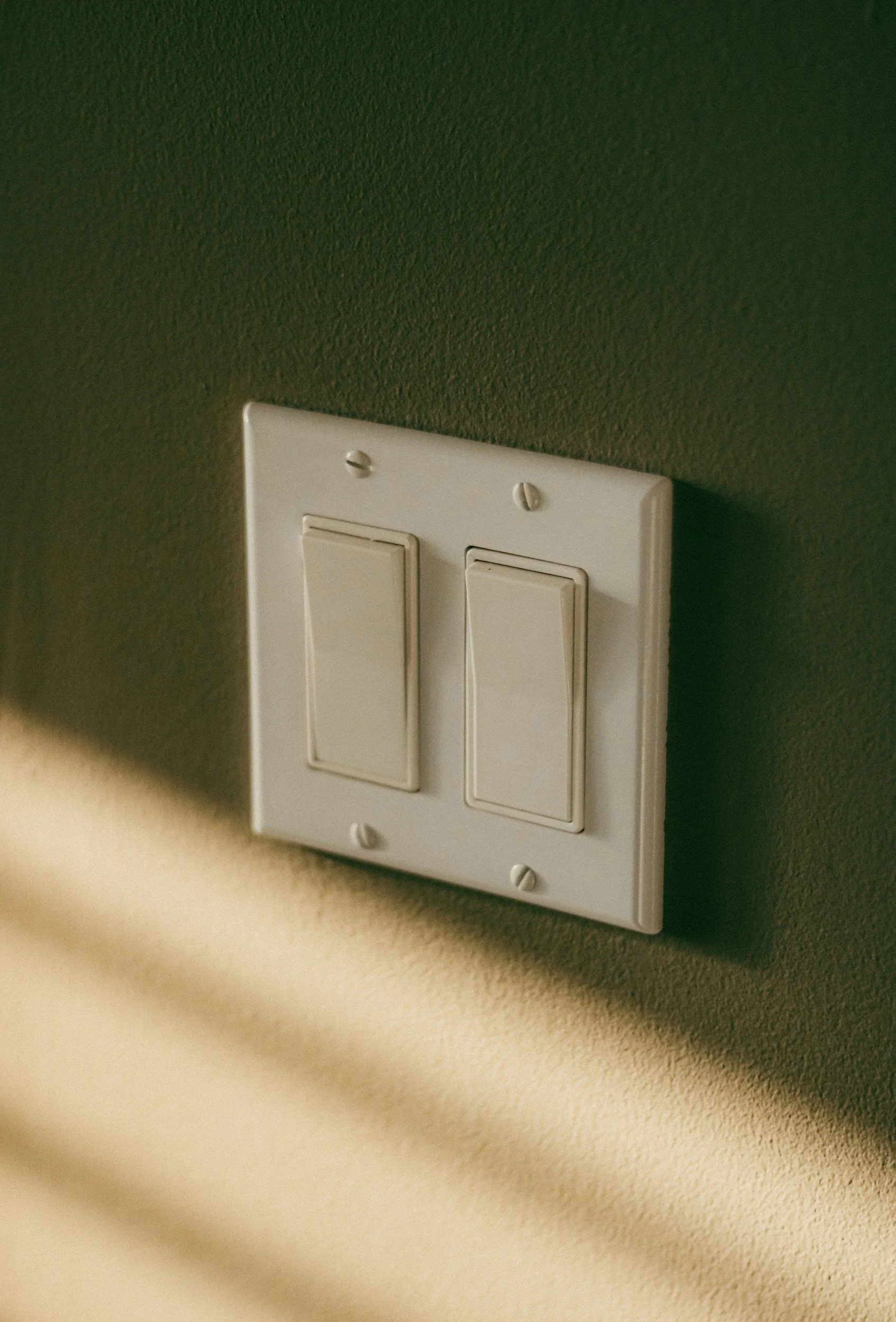 Close-up of a white double light switch mounted on a green wall.