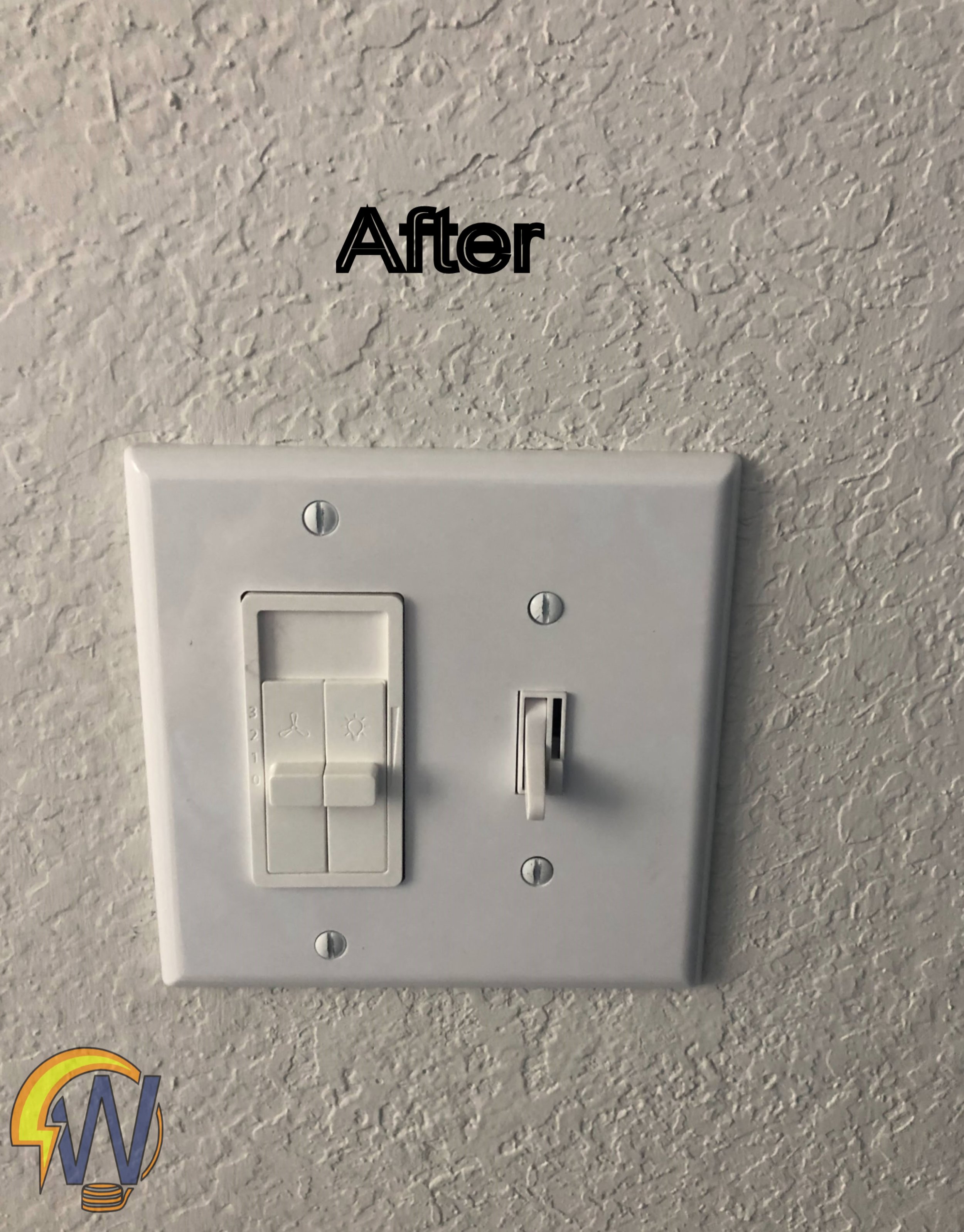 Close-up of a white electrical outlet and a wall switch on a textured beige wall with the word "After" written above it.
