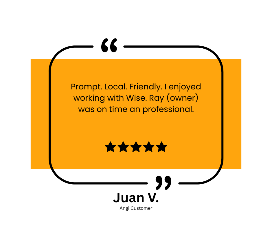 Customer review quote with five-star rating: 'Prompt. Local. Friendly. I enjoyed working with Wise. Ray (owner) was on time and professional.'