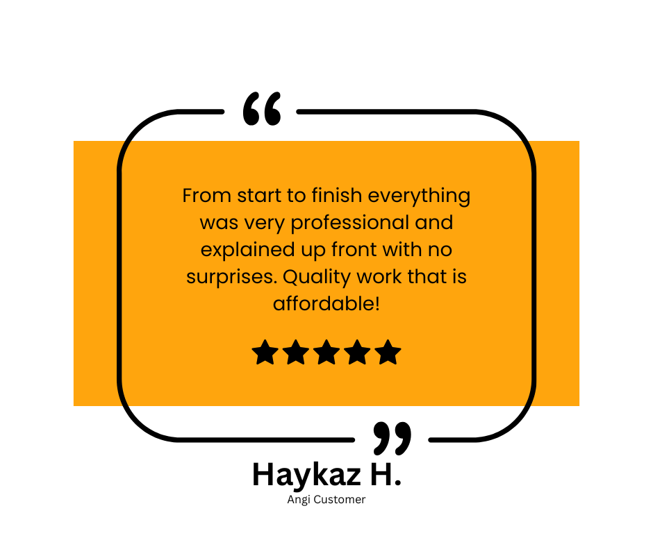 Customer review page with five-star rating, a logo featuring a yellow lightning bolt and a W, and a review from Haykaz H. praising professional service and quality work, dated February 27, 2024, in Cedar Creek, Texas.