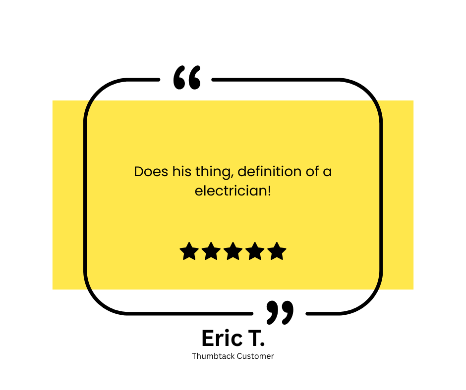 Customer review with five-star rating and positive feedback about an electrician named Eric T. from Round Rock, TX, dated February 24, 2024, including an electrician's logo.
