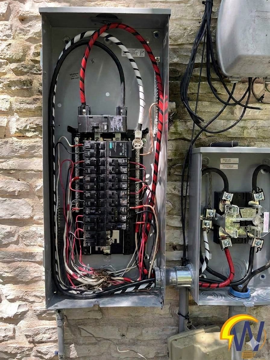Open electrical panel with various wires and circuit breakers mounted on a brick wall.
