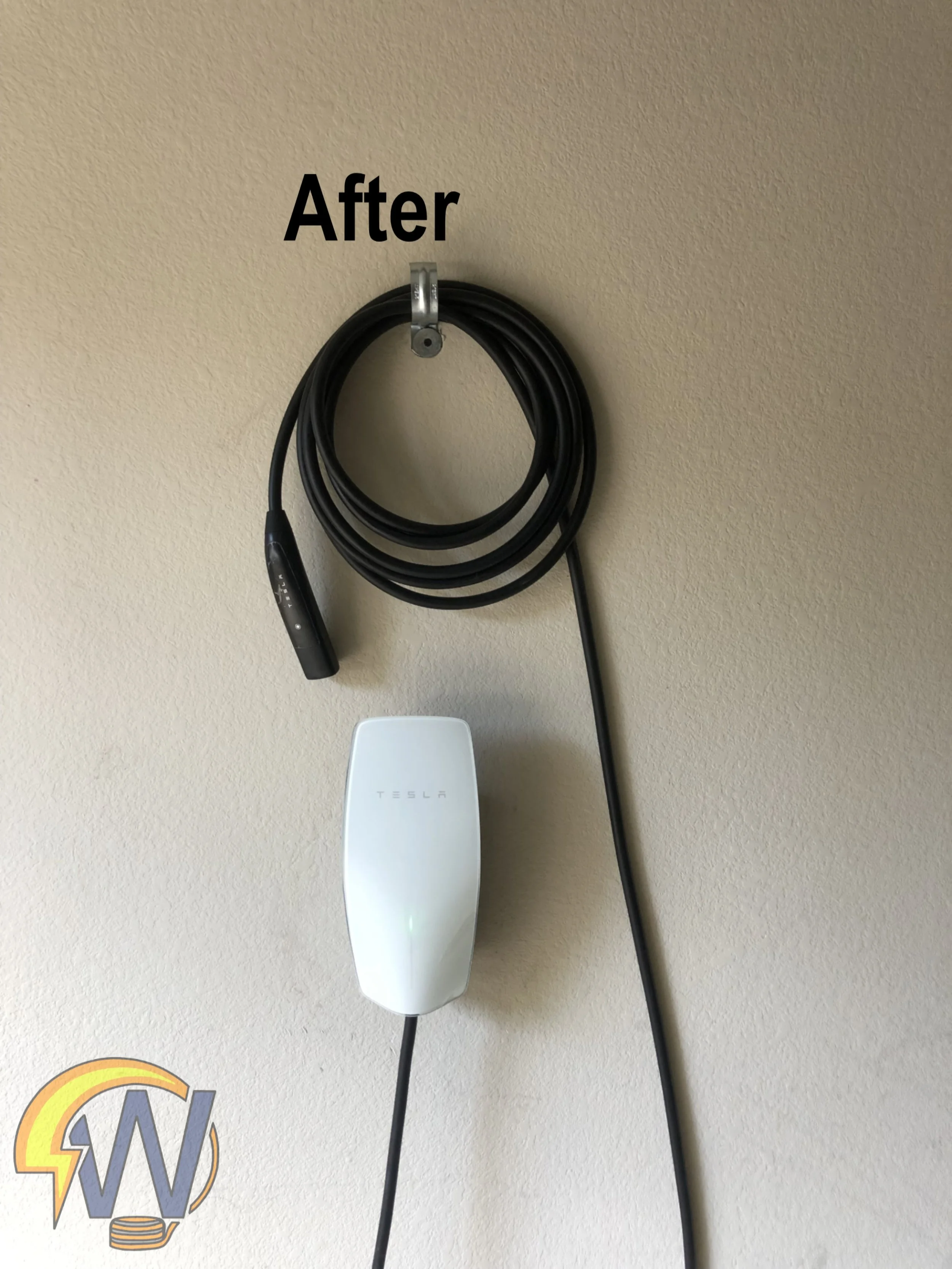 A wall-mounted Tesla charging cable with a white charging station below it, and a small logo resembling a stylized 'S' with a lightning bolt and a coin on the left side of the image.