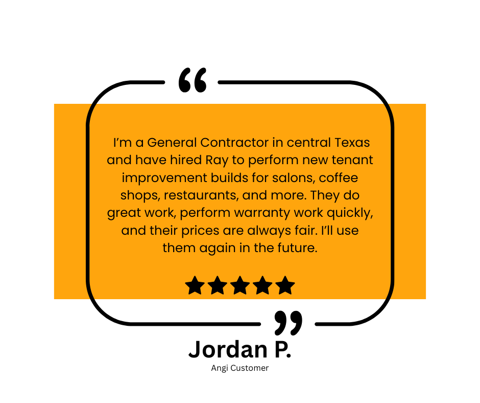 Online review from Christian M. in Georgetown, TX, dated 2/23/2024, giving a 5-star rating and praising Ray as an electrician, mentioning future work on upcoming houses and appreciation for Ray's hard work.