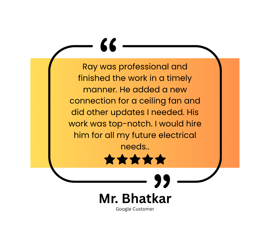 Customer testimonial quote for Mr. Bhatkar praising his electrical work, with a 5-star rating, on a gradient yellow to orange background.