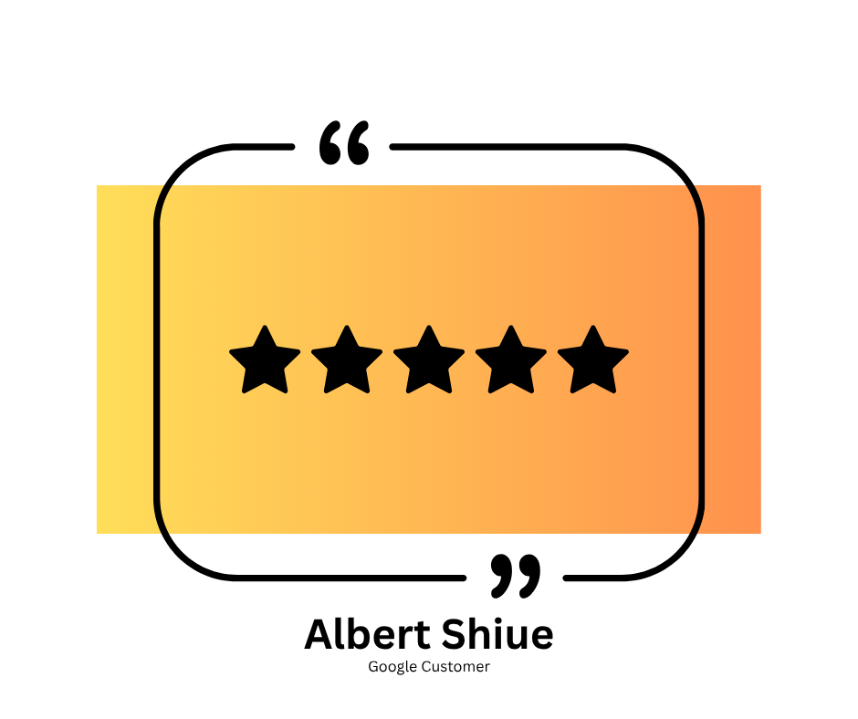 Five-star customer review by Albert Shue with a background gradient of yellow to orange.