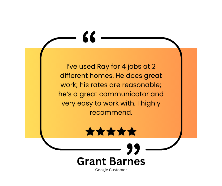 Screenshot of a 5-star review by Grant Barnes praising Ray for electrical work at two homes.