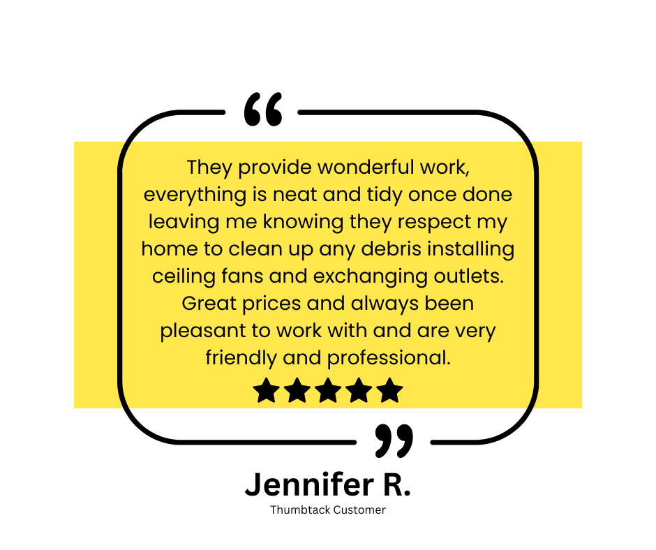 Screenshot of a customer review from Jennifer R. dated August 29, 2023, praising a home service provider for quality work, neatness, professionalism, and good prices.