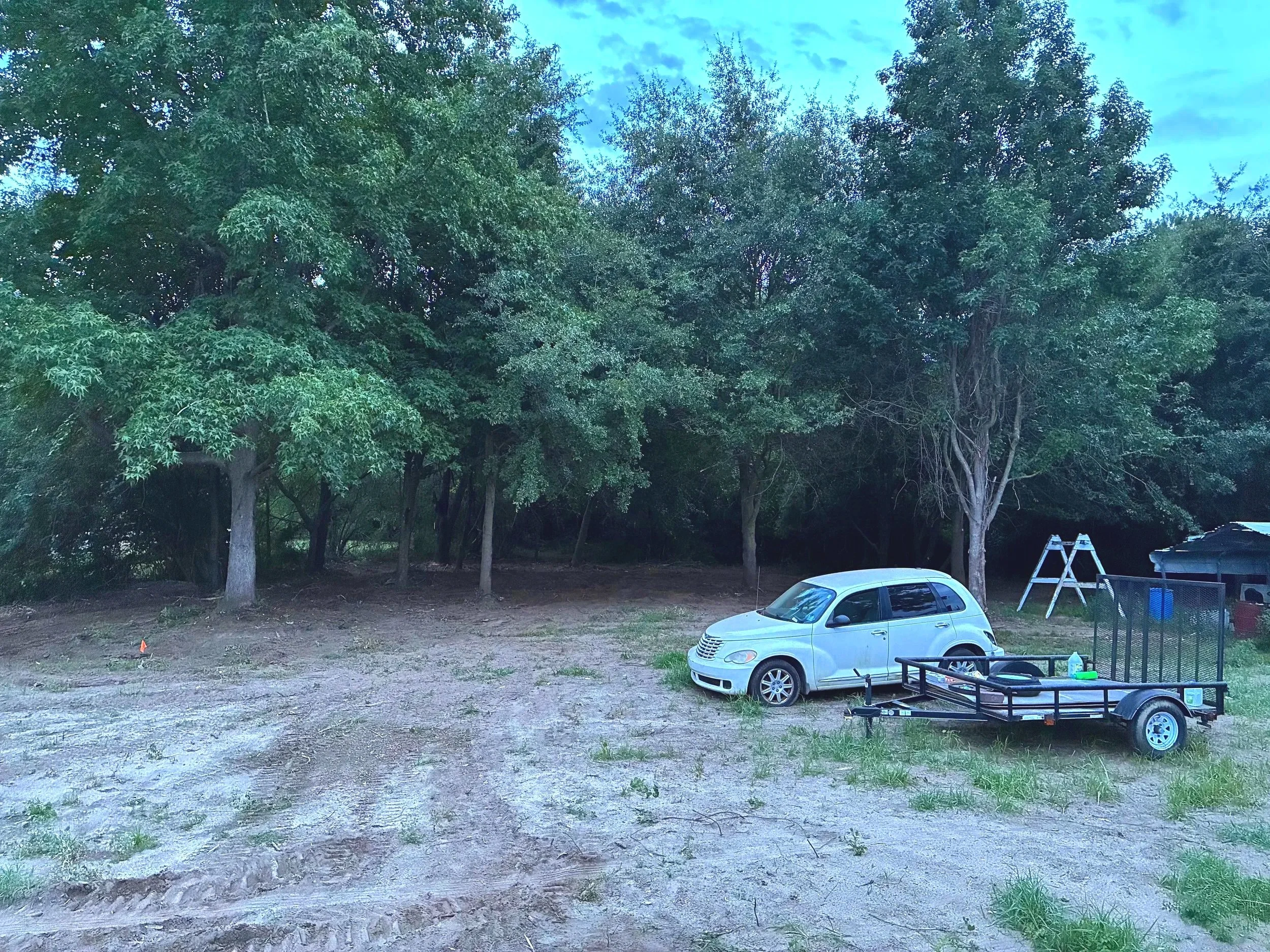 A rural scene with a line of large leafy trees, a white car parked in a dirt lot, and a trailer attached to a small vehicle. There is also a ladder leaning against the trees and some clouds in the sky.