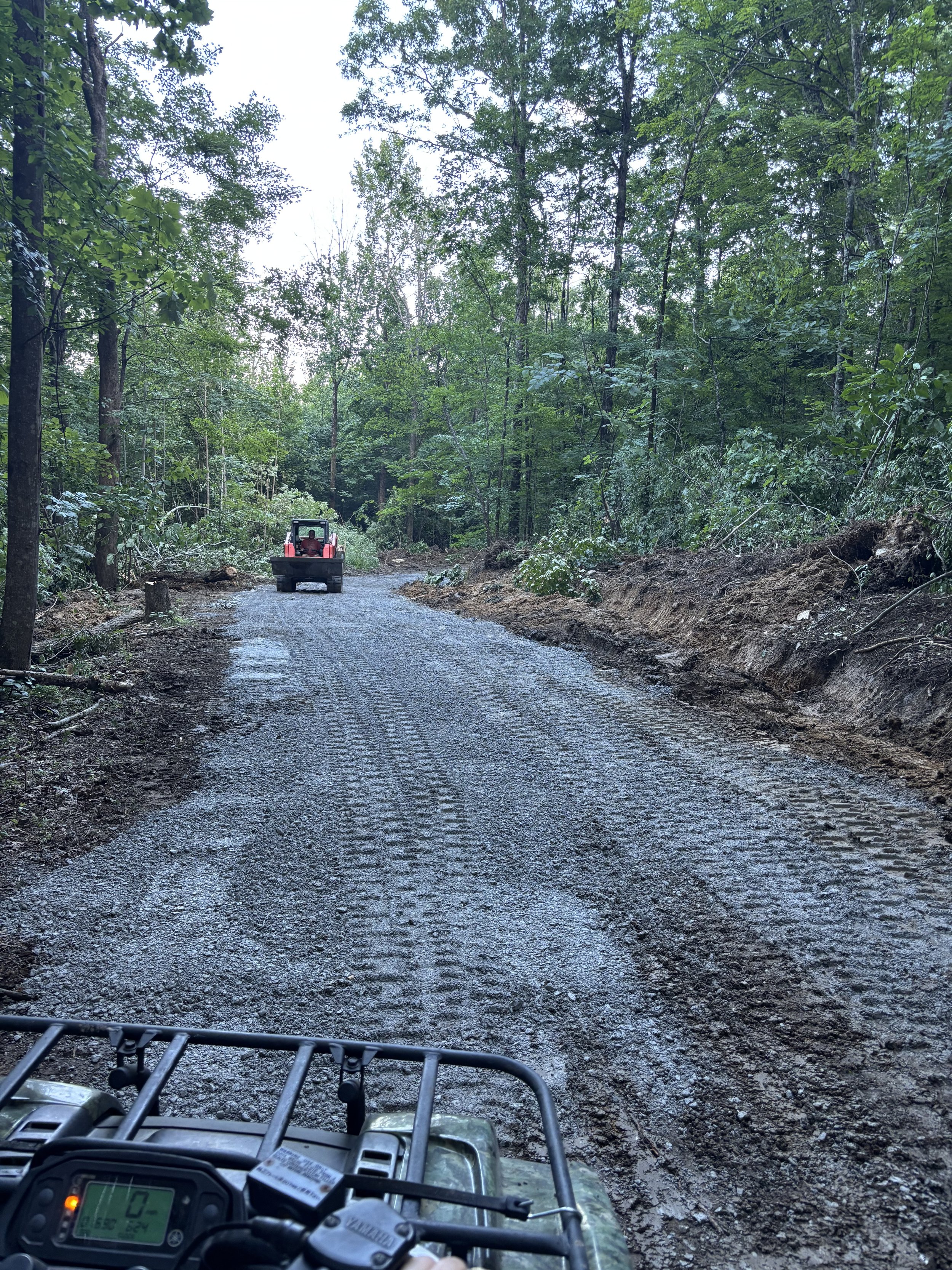 View from the rider's perspective on a vehicle navigating a dirt trail through a dense green forest.