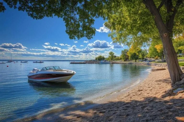 A boat floating on calm water near a sandy beach with trees and a clear blue sky with clouds in the background.