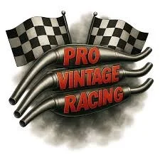 A racing checkered flag and three metal exhaust pipes with the words "Pro Vintage Racing" in red.