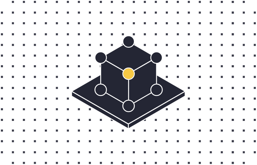 Isometric illustration of a network of interconnected nodes on a dark background with dotted patterns.