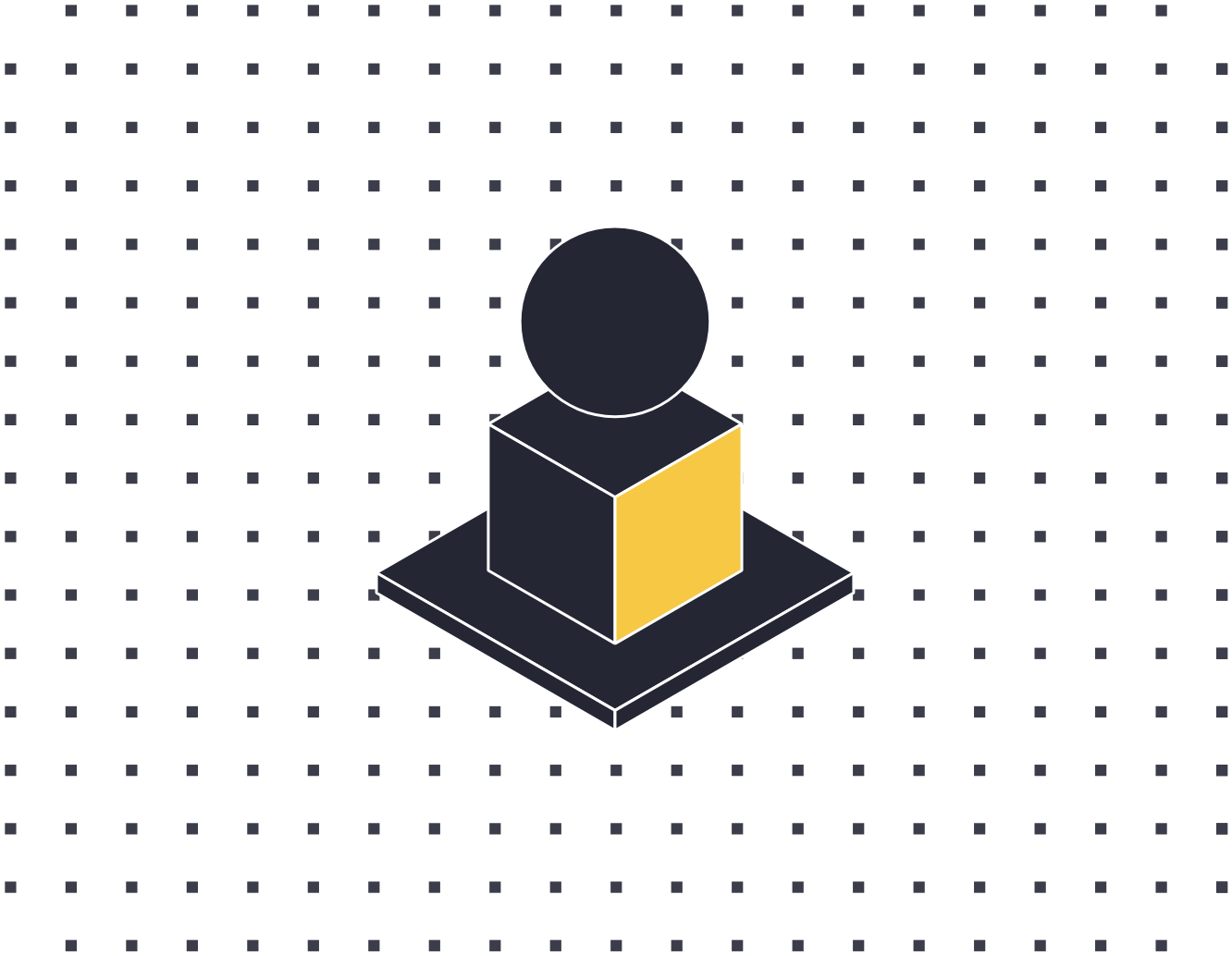 A 3D illustration of a person standing on a platform, depicted as a black circular head and a cube body with a yellow side, against a black background with a dotted pattern.