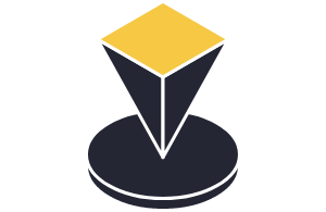 A 3D geometric shape resembling a yellow pyramid with a black base, positioned on a black circular platform.
