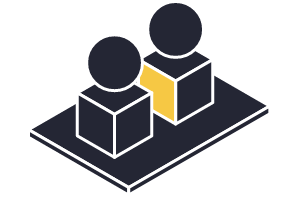 Two abstract figures with cubes in front of them on a platform, connected by a yellow bar.