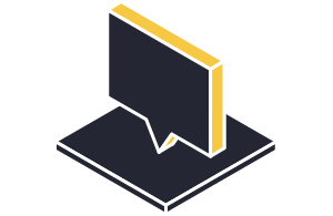 A stylized digital icon of a speech bubble on a device or stand, with a dark background and yellow accents.