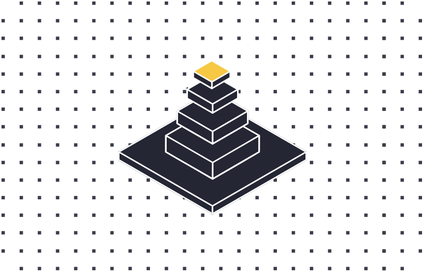 Illustration of a five-tiered stepped pyramid with a black background and dotted grid pattern, with the top tier highlighted in yellow.