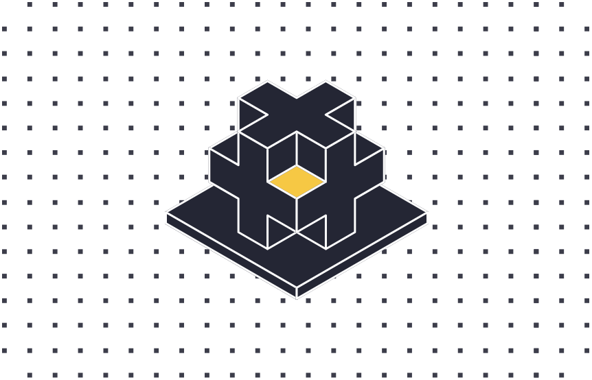 Isometric digital illustration of a complex 3D object with interconnected blocks and a small flat yellow square on top, set against a black dotted background with a base platform.