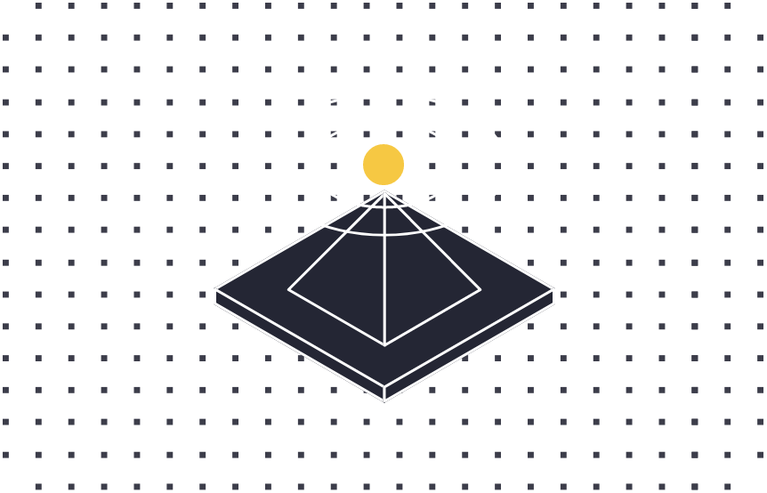 A digital illustration of a stylized representation of a sun with concentric circles and lines extending from a central point, set above a pyramid-like structure on a black background with a dotted grid pattern.