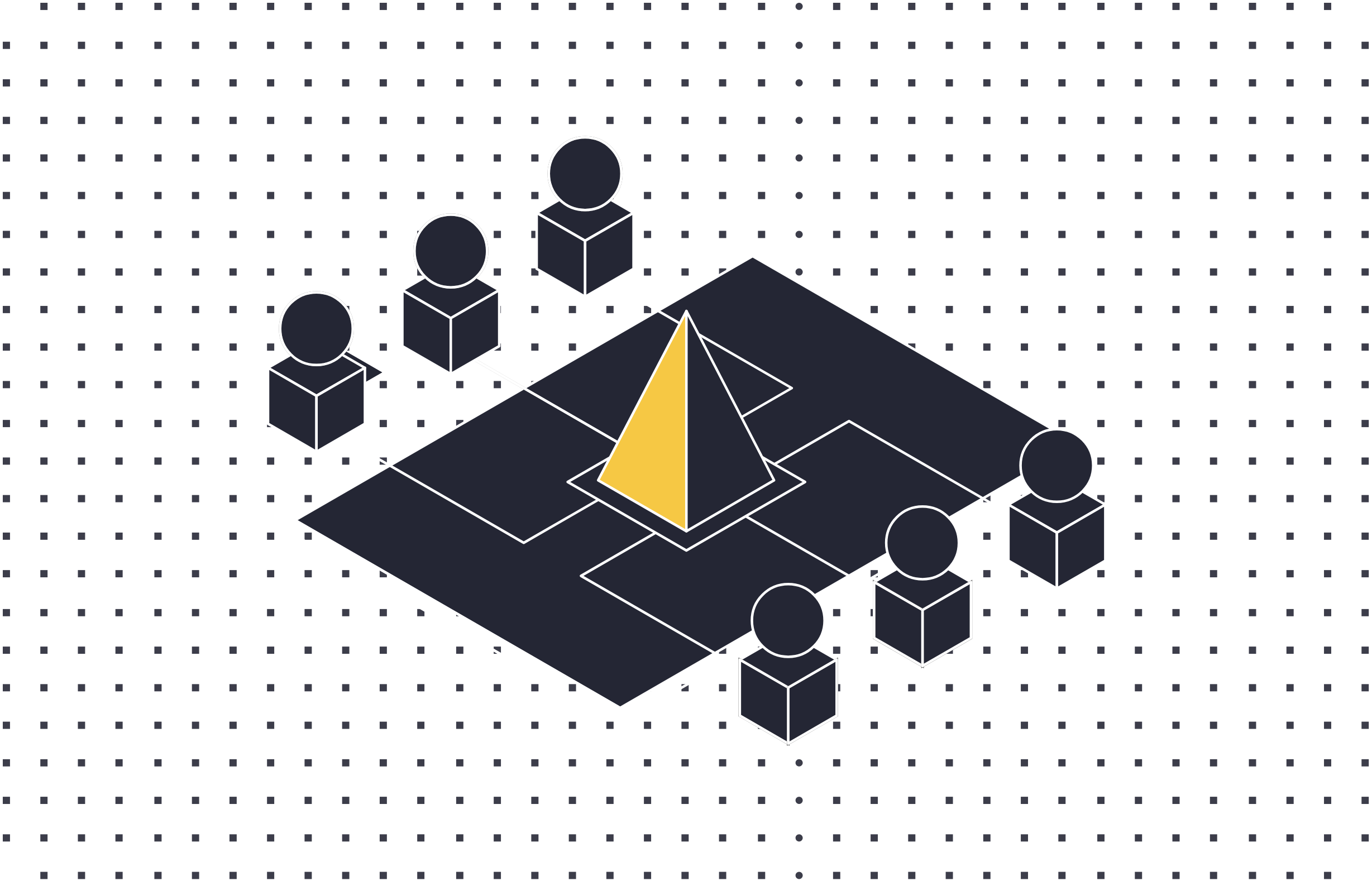 A digital illustration of a network diagram with connected nodes and a pyramidal structure highlighted in yellow in the center.
