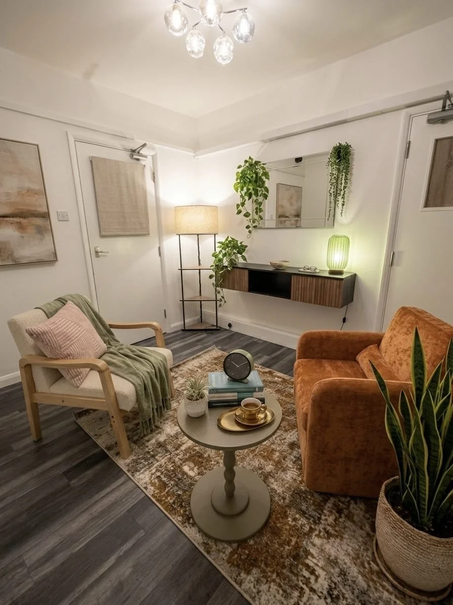 A therapy room with a beige armchair, orange armchair, round coffee table with books and cups, indoor plants, a white wall with artwork, and warm lighting.