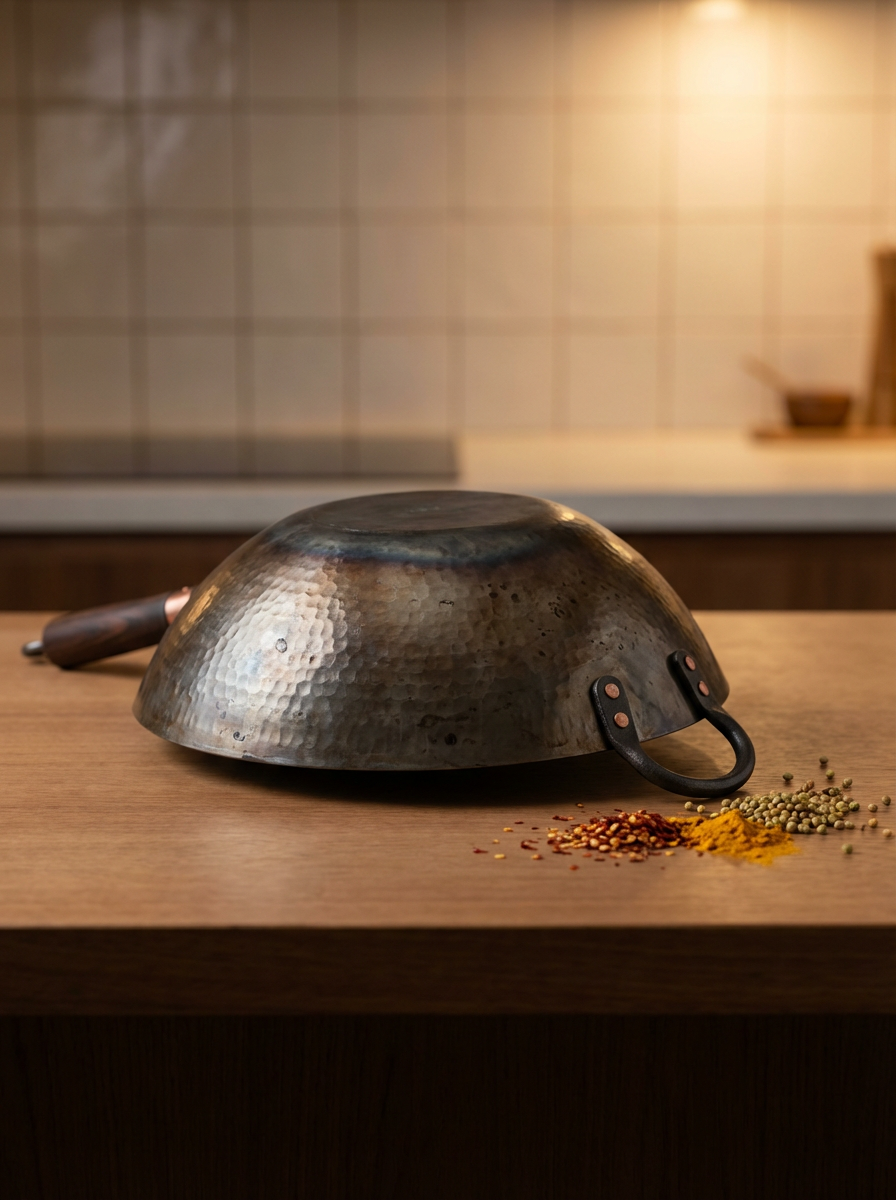 A hammered metal wok upside down on a wooden surface with various spices spilled in front of it, including turmeric, peppercorns, and chili flakes.