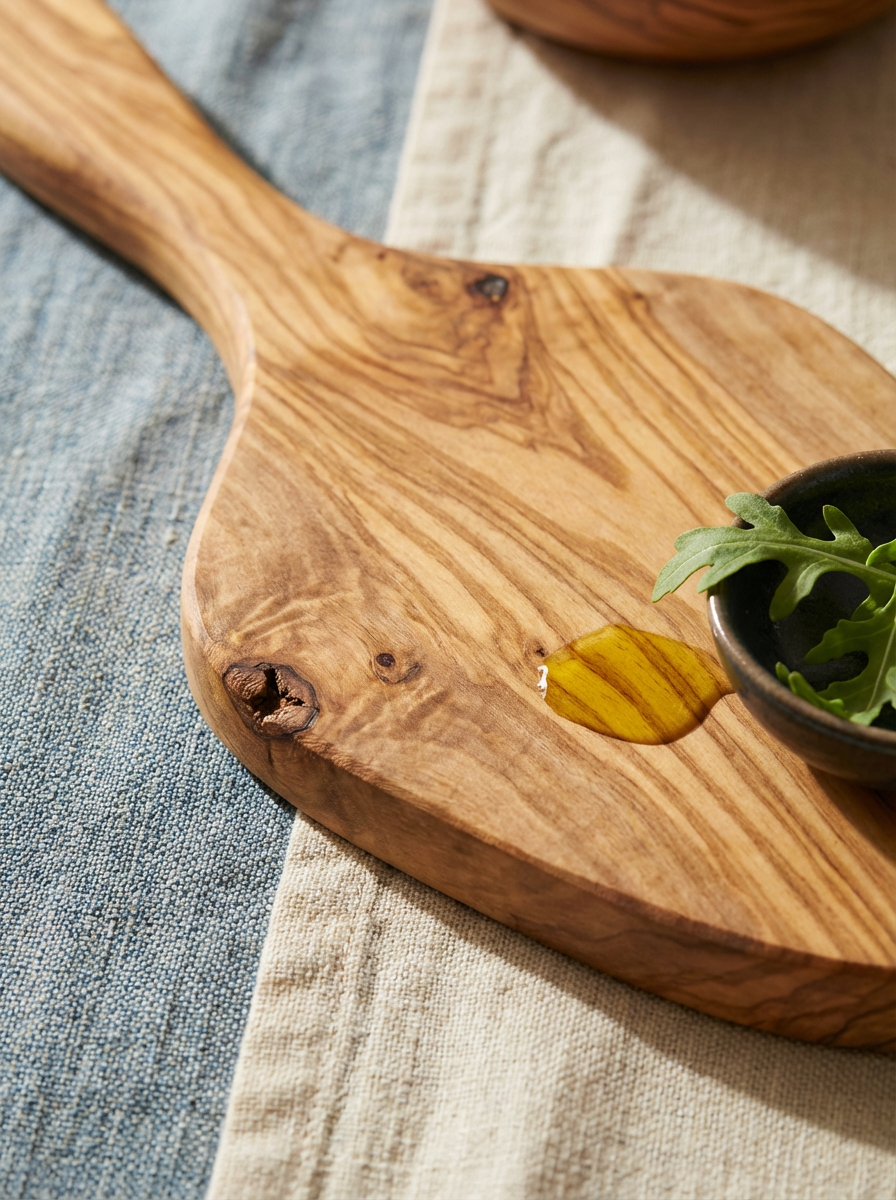 Close-up of a wooden serving board with a small bowl of arugula and a drizzle of olive oil on top, placed on a linen and denim tablecloth.