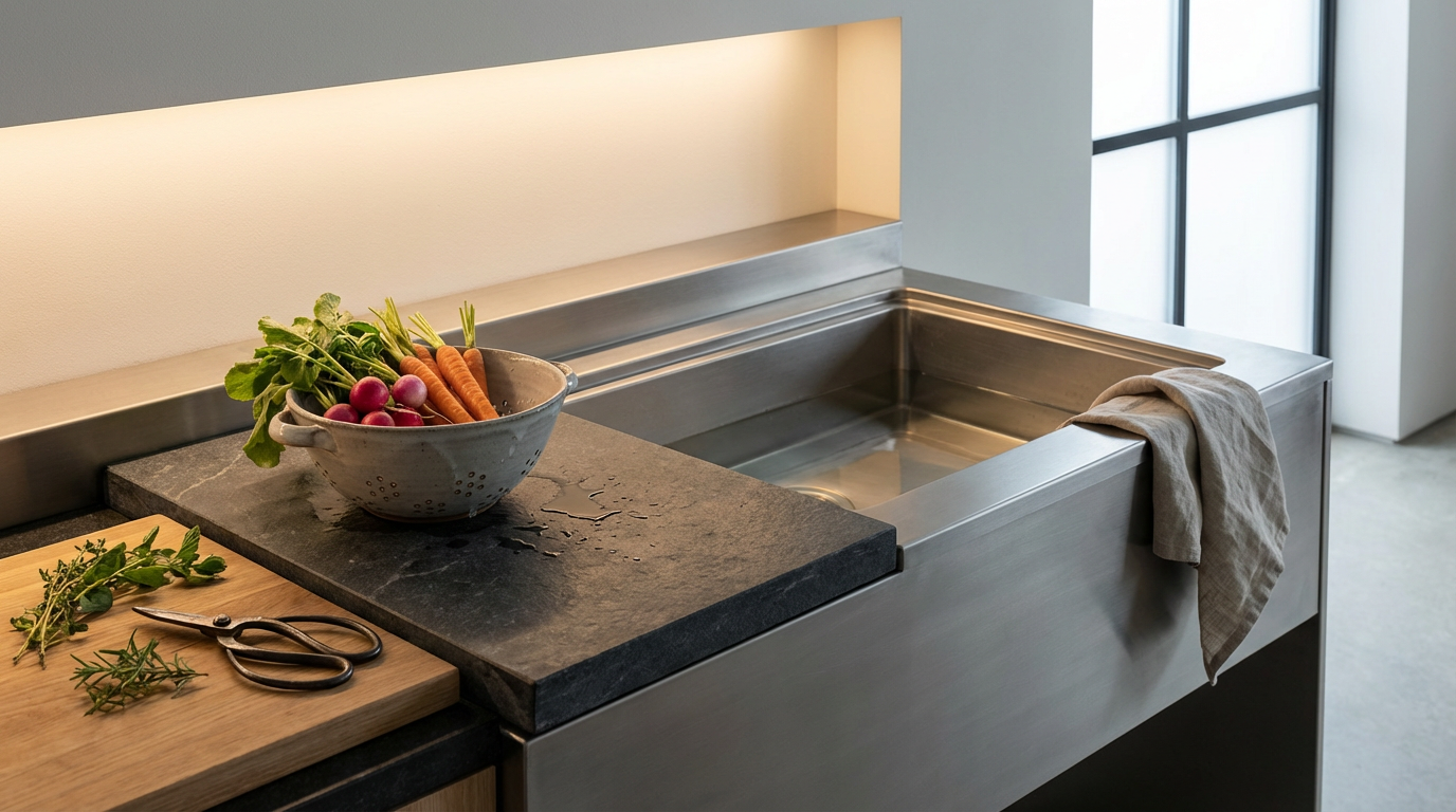 A modern kitchen sink with a stainless steel basin and a gray towel hanging over the edge. A black stone cutting board with fresh carrots, radishes, and herbs, along with a pair of scissors, is nearby. Natural light is coming through a large window i