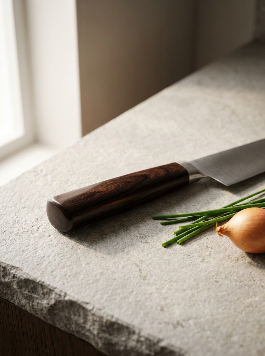 A kitchen countertop with a wooden-handled knife, green scallions, and a yellow onion near a window.