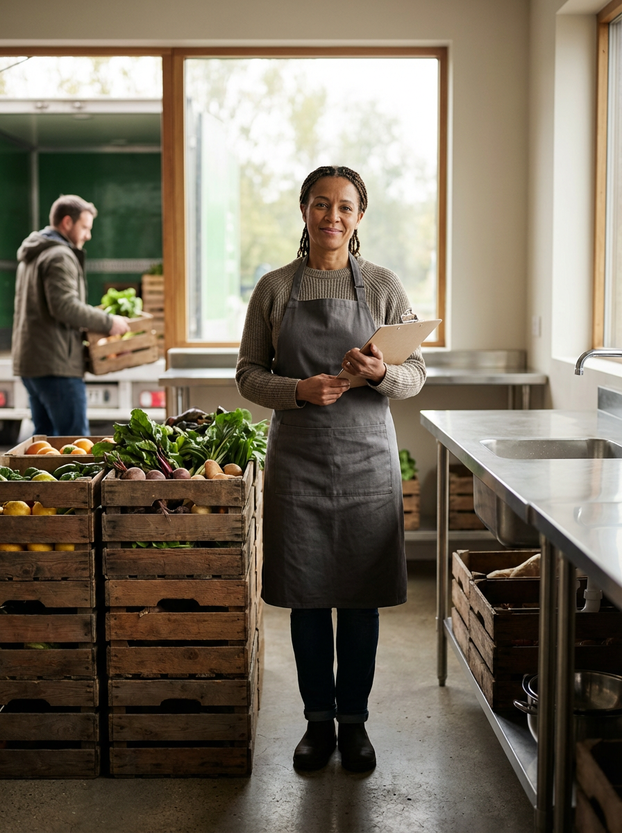 A woman wearing a gray apron holding a clipboard and standing in a market or kitchen with wooden crates filled with fresh vegetables like leafy greens, root vegetables, and cabbages. A man in the background is selecting produce.