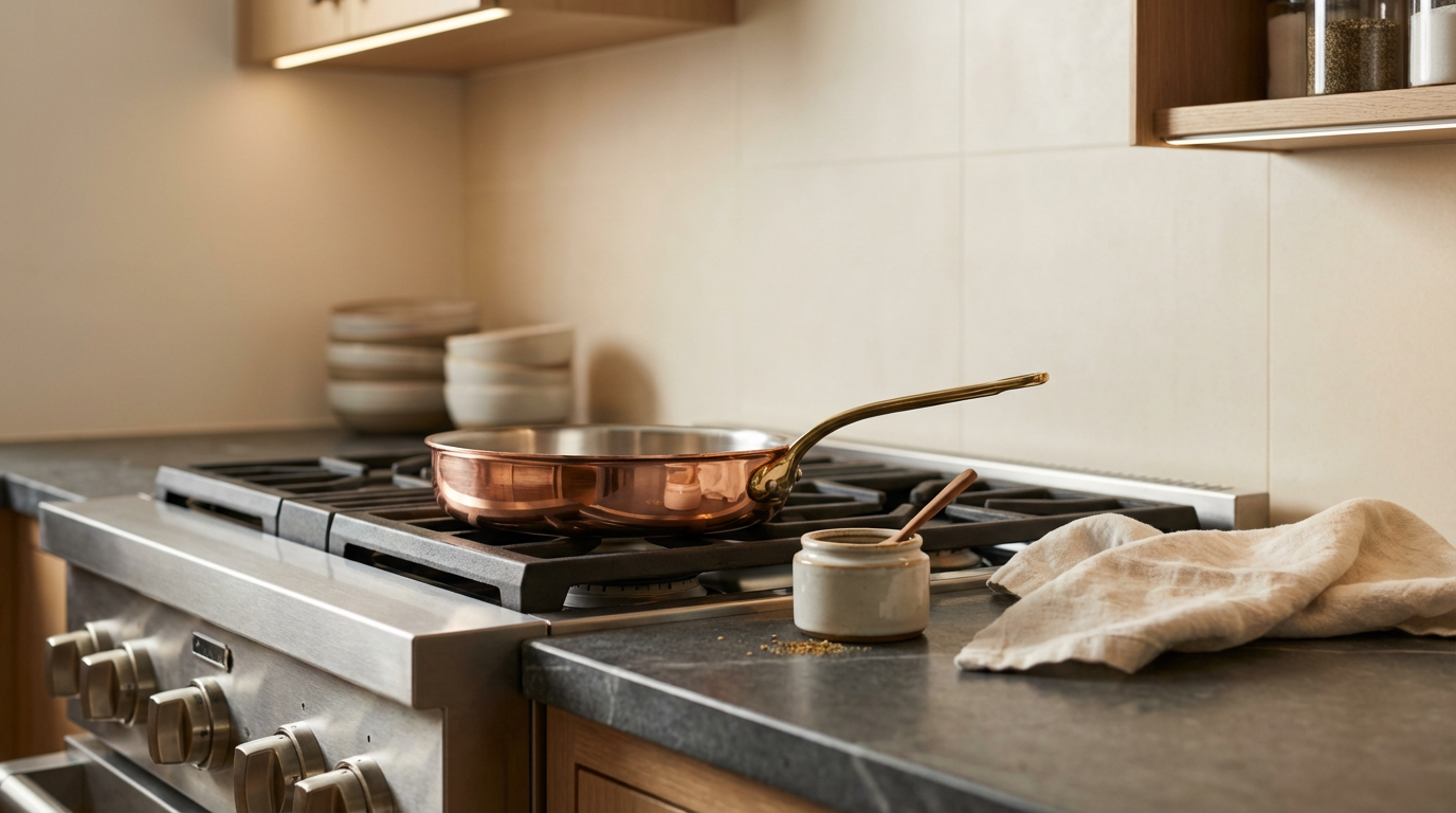 A copper frying pan on a gas stove with a spoon inside a small white bowl nearby, a cloth on the countertop, and stacked bowls in the background.