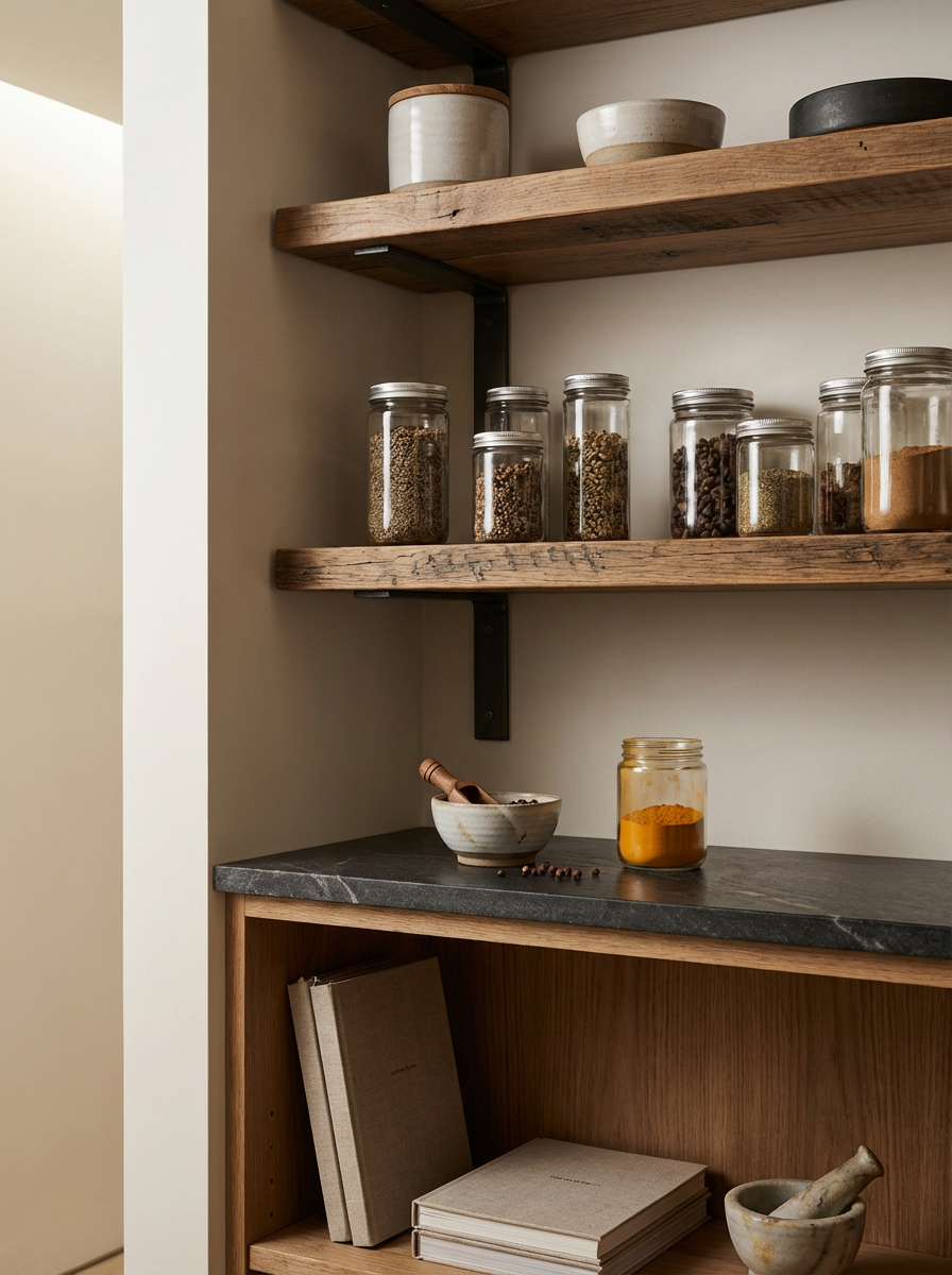 Kitchen shelves with jars of spices, bowls, and books.