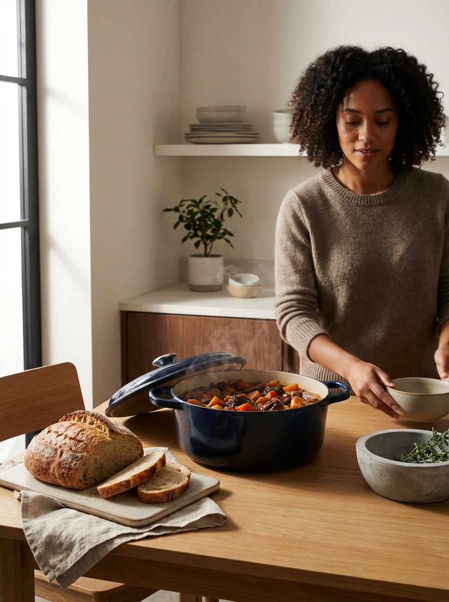A woman preparing a meal in a cozy kitchen with a loaf of bread, a bowl of stew, and a salad on a wooden table.