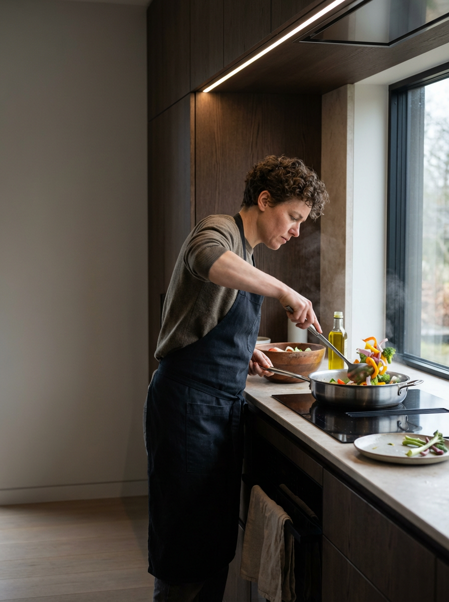 A person cooking vegetables in a modern kitchen near a large window.