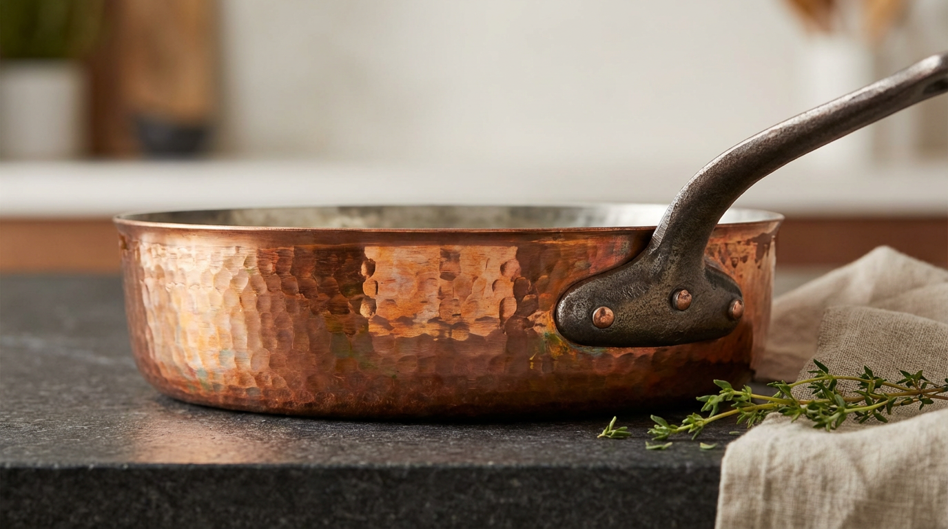 Close-up of a hammered copper skillet with a blackened metal handle on a dark countertop, with a sprig of thyme and a cloth nearby.