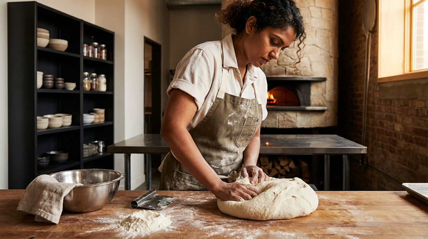 A woman with curly hair wearing a beige apron and white shirt, kneading dough on a wooden table in a kitchen with a brick oven in the background.